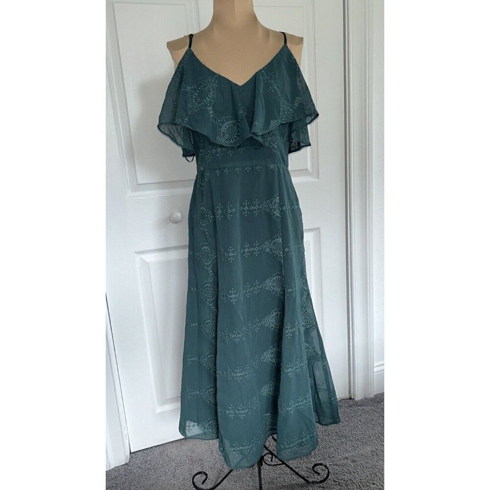 Cooper St. Fern Frill Midi Dress Green Eyelet Embroidered Chiffon Women’s Size 4